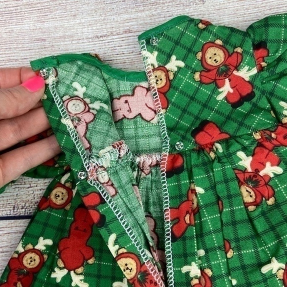 Handmade Vintage Doll Dress Green Red Teddy Bear Christmas Print Fabric - Picture 11 of 12